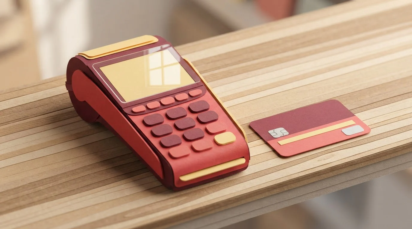 Bankkarte liegt neben einem Kartenterminal auf einem Tisch