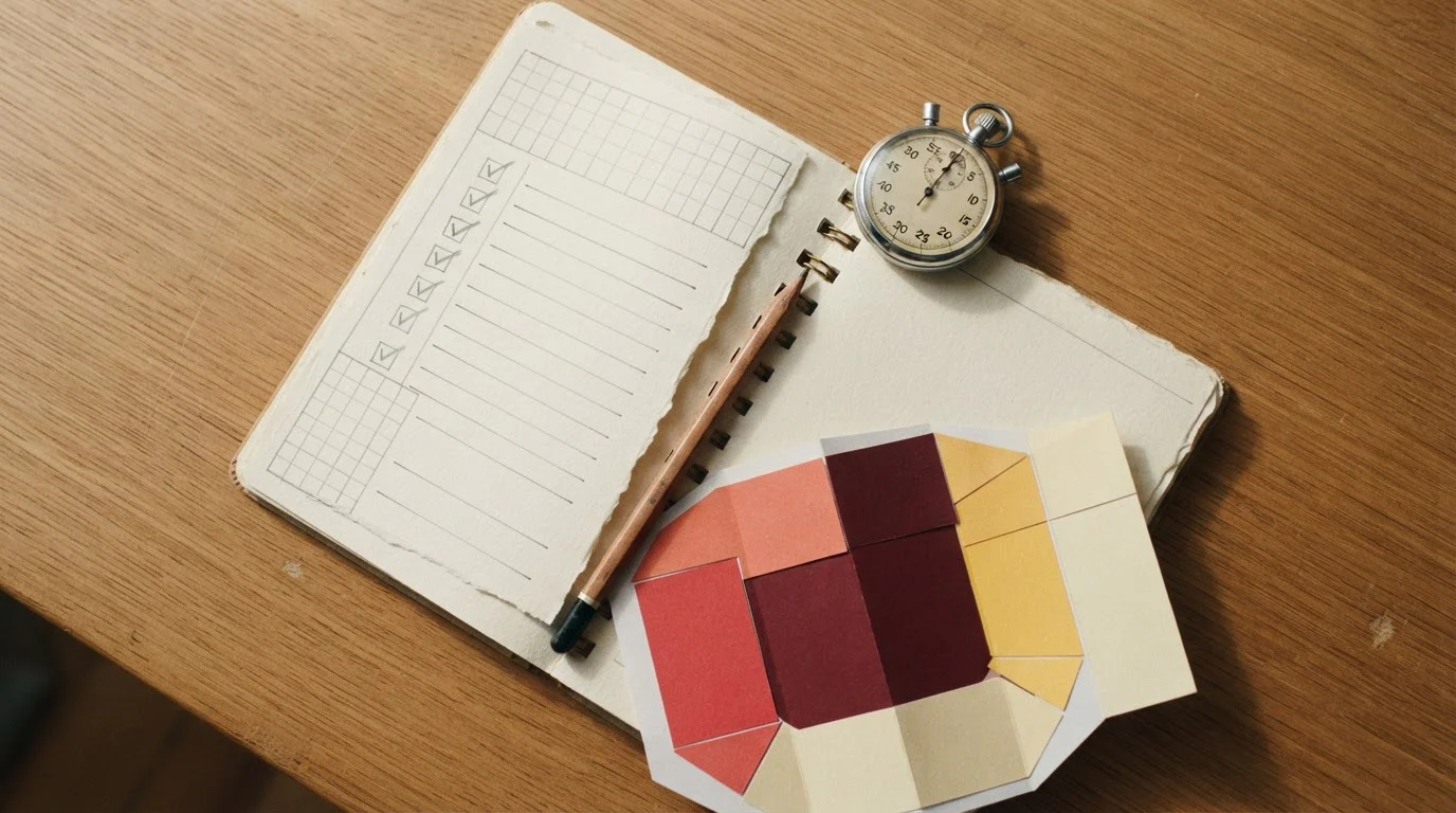 Geöffnetes Notizbuch mit abgehakten Prüfpunkten und einem Stift auf einem Schreibtisch