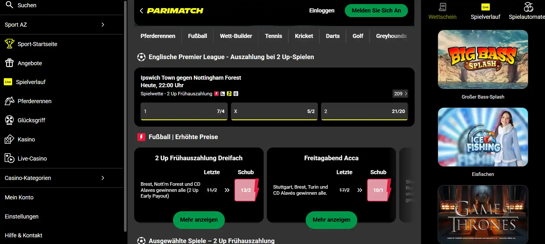 Sportübersicht der britischen Parimatch-Webseite mit Wettmärkten