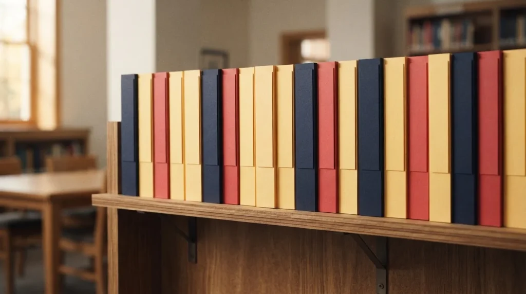 Mehrere Aktenmappen stehen nebeneinander auf einem Archivregal