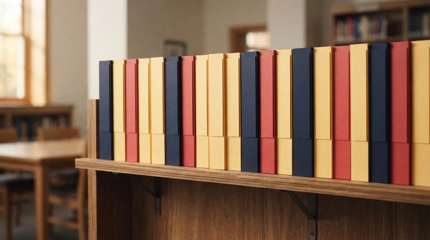 Mehrere Aktenmappen stehen nebeneinander auf einem Archivregal