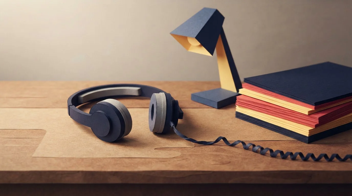 Telefonheadset liegt neben einer Lampe auf einem Schreibtisch