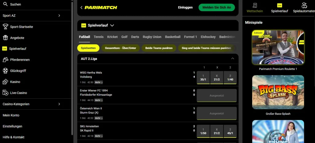 Live-Sportübersicht der britischen Parimatch-Webseite mit Spielständen und Quoten