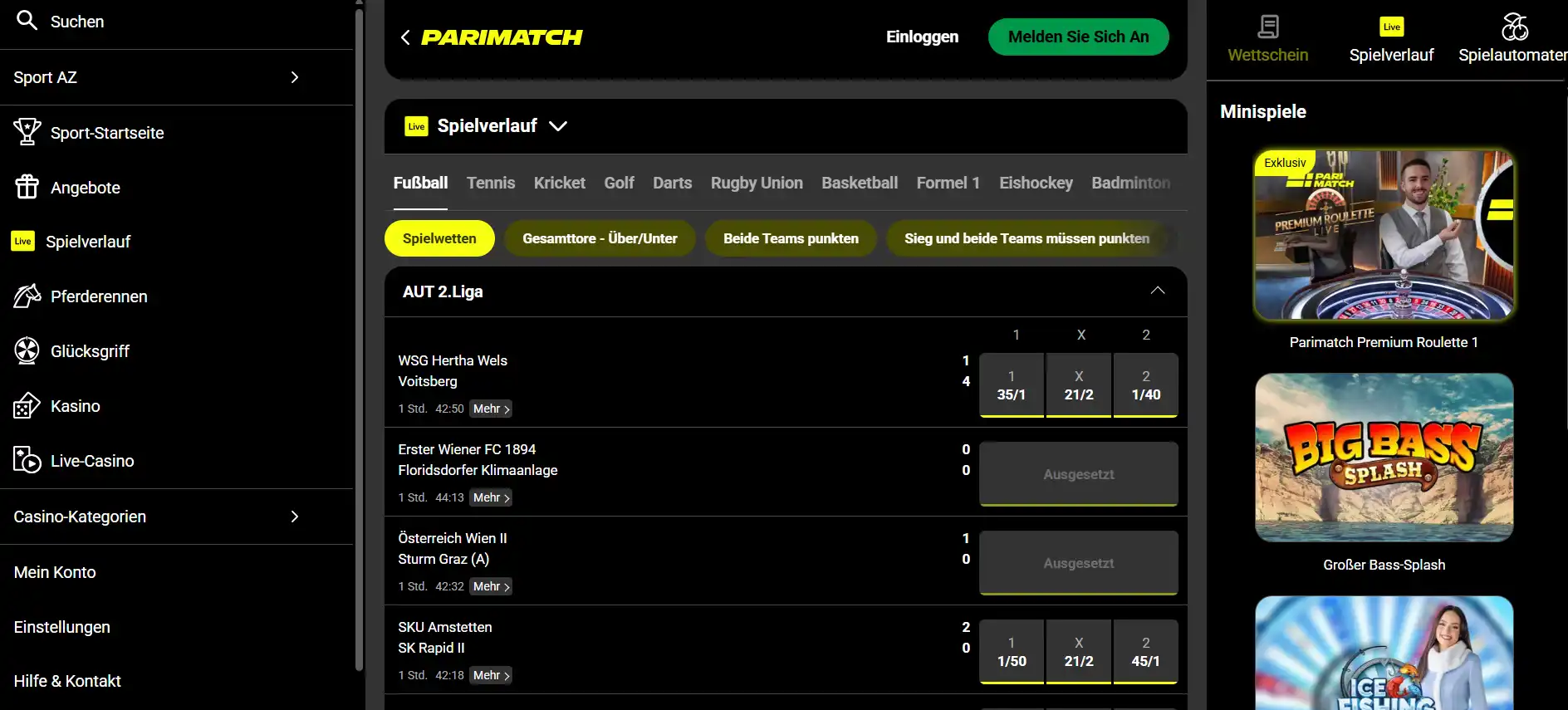 Live-Sportübersicht der britischen Parimatch-Webseite mit Spielständen und Quoten